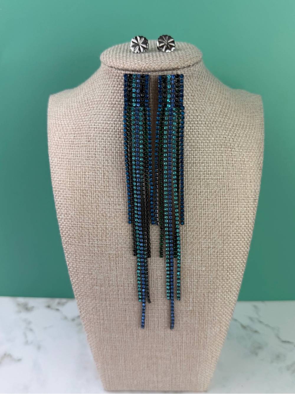 Blue Teal Rhinestone Fringe Dangle Earrings 6" Shoulder Duster Waterfall